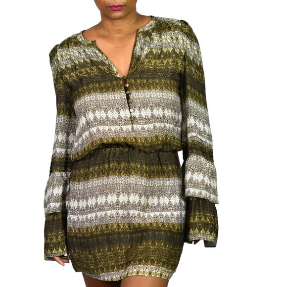 Parker Silk Print Mini Dress Brown Stripe Tassels Long Sleeve Tiered Size Small - Picture 13 of 15